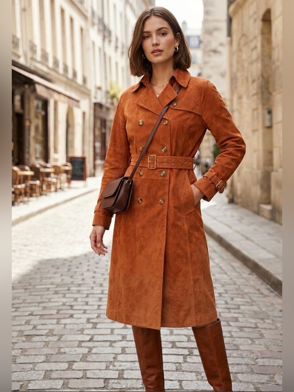 Virtual Runway 100% Genuine Leather Trench Coat in Orange